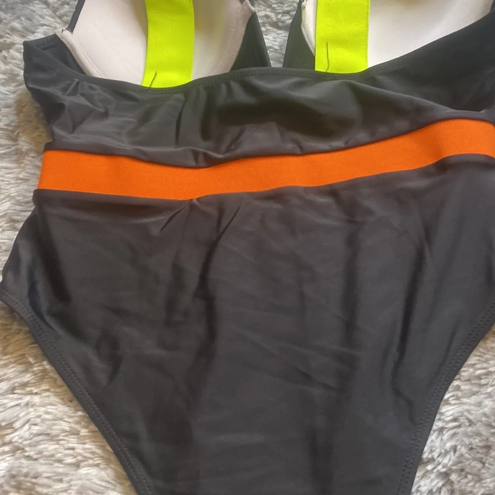 Shein Black Orange Neon Green Strap Swimsuit Size Large Excellent Condition - Picture 7 of 10